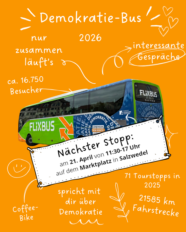 Bild vergr&ouml;&szlig;ern: Der Demokratiebus h�lt am 21.04.2026 in Salzwedel